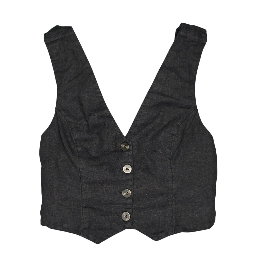 Abercrombie & Fitch Vest XS Black Linen Blend Cropped V-Neck Waistcoat Top